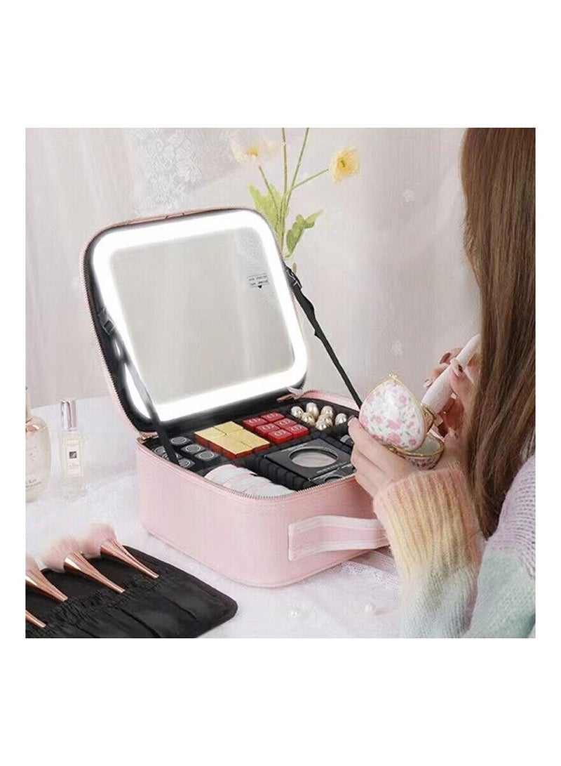حقيبة مكياج ذكية بإضاءة مرآة سعة كبيرة حقيبة تجميل احترافية للسيدات منظم سفر مجموعة تخزين الجمال وردي - Image 5