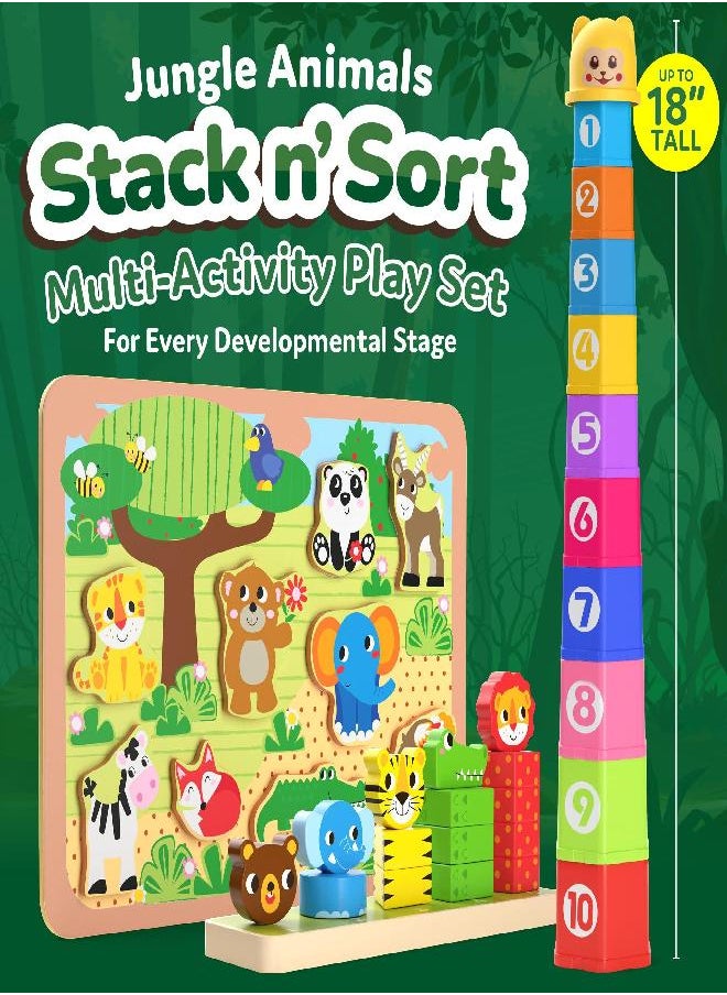 CoolToys CoolToys Stack n' Sort Baby Toddler Learning Toys, 3 Developmental Educational Game Set, Nesting & Stacking Cups, Shape & Color Sorting Stackable Wooden Pieces, Montessori Wooden Puzzle, Jungle Theme  - Image 2