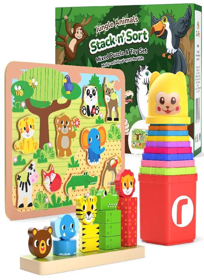 CoolToys CoolToys Stack n' Sort Baby Toddler Learning Toys, 3 Developmental Educational Game Set, Nesting & Stacking Cups, Shape & Color Sorting Stackable Wooden Pieces, Montessori Wooden Puzzle, Jungle Theme  - Image 4