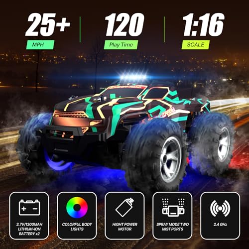 Resosese Remote Control Car for Boys 116 Scale All Terrain RC CarsHigh Speed 25Kmh Fast Car with Colorful Led Light and Spray RC TruckToy Car Gift for 6 7 8 914 Year Old Boys - Image 5