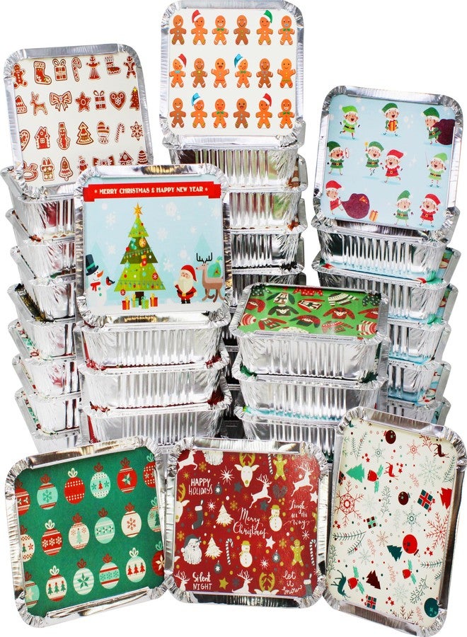 JOYIN 48 Pcs Christmas Cookie Tins with Lids for Gift Giving, Rectangular Treat Foil Containers, Disposable Food Storage Pan for Holiday Leftovers Goodie Container or Cookie Exchange - Image 1
