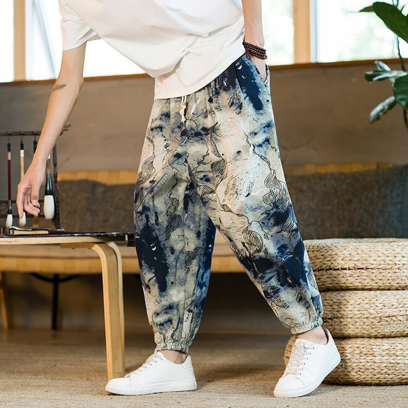 Mens Chinese Style Cotton Linen Wide Leg Pants brown yellow  - Image 3