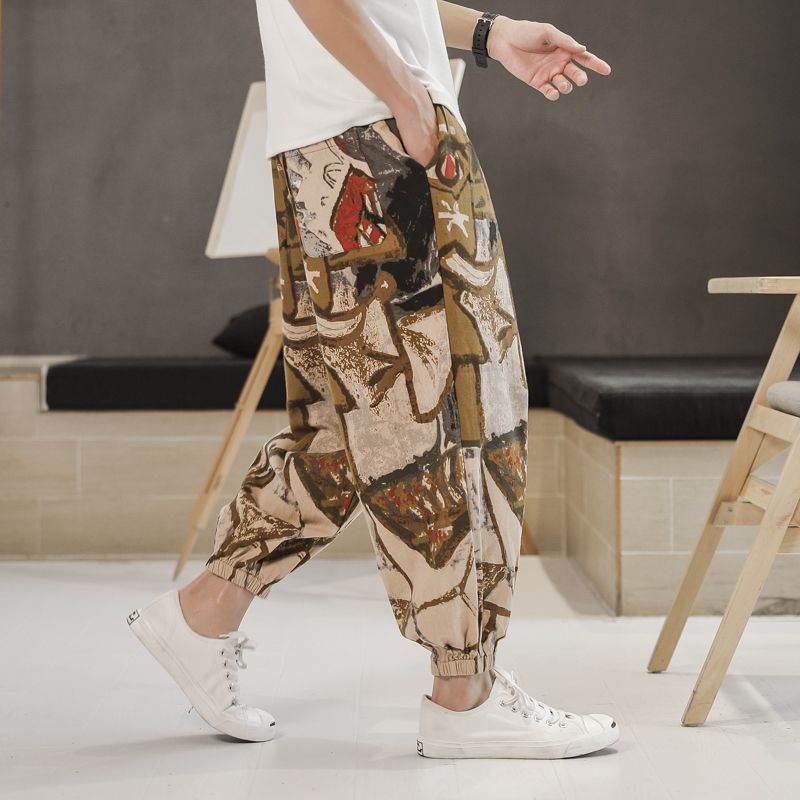 Mens Chinese Style Cotton Linen Wide Leg Pants brown yellow  - Image 1
