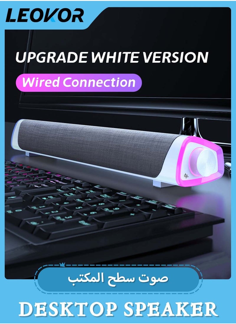 USB Wired Computer Speaker,RGB Computer Sound Bar Desktop Speaker,3D Stereo Surround Sound Box with Volume Knob 3.5mm Audio Input for Desktop PC Laptop Smartphone Tablet