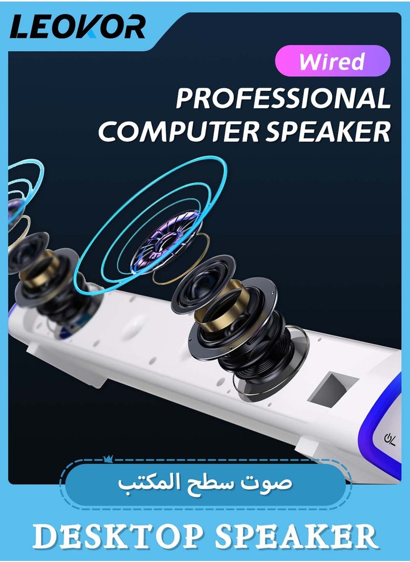 USB Wired Computer Speaker,RGB Computer Sound Bar Desktop Speaker,3D Stereo Surround Sound Box with Volume Knob 3.5mm Audio Input for Desktop PC Laptop Smartphone Tablet