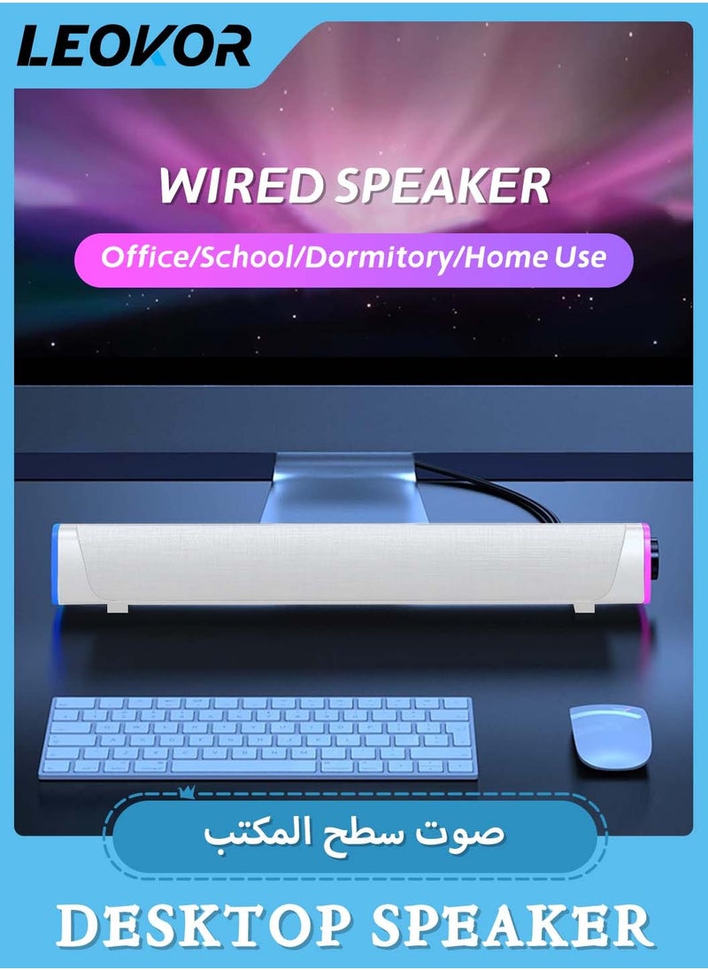 USB Wired Computer Speaker,RGB Computer Sound Bar Desktop Speaker,3D Stereo Surround Sound Box with Volume Knob 3.5mm Audio Input for Desktop PC Laptop Smartphone Tablet