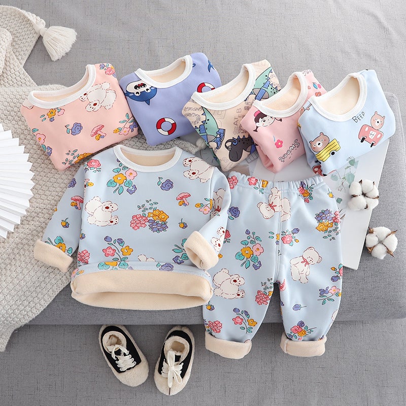 Children'S Thermal Underwear Suit Fleece-Lined Thickened Boys Baby Girls Cartoon Warm Clothing Winter - Image 2