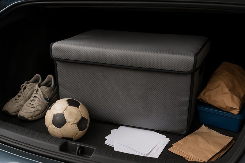 Heavy-Duty Car Trunk Organizer Box – Foldable Waterproof Cargo Storage Box with Lid, Side Pockets, and Adjustable Straps – Universal Fit for SUVs, Cars, and Trucks (Gray CarbonFiber) - Image 1