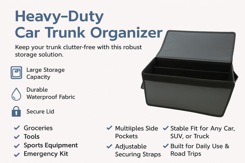 Heavy-Duty Car Trunk Organizer Box – Foldable Waterproof Cargo Storage Box with Lid, Side Pockets, and Adjustable Straps – Universal Fit for SUVs, Cars, and Trucks (Gray CarbonFiber) - Image 2