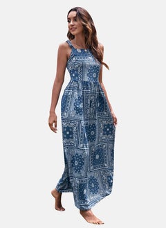 يونيكي Teal Blue Square Neck Abstract Print Fit & Flared Dress  - Image 2
