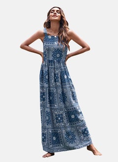 يونيكي Teal Blue Square Neck Abstract Print Fit & Flared Dress  - Image 5