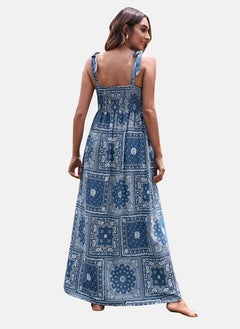 يونيكي Teal Blue Square Neck Abstract Print Fit & Flared Dress  - Image 3
