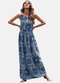 يونيكي Teal Blue Square Neck Abstract Print Fit & Flared Dress  - Image 4