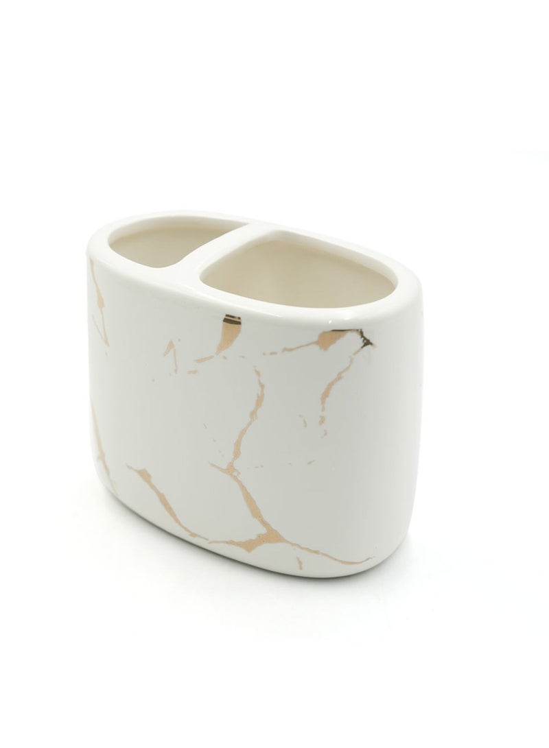 Beram Ceramic Bathroom Accessory Marble Gold and White Round Tip toothbrush holder(2 in 1 Holder) Luxury Marble Look Glossy ceramic with elegant premium touch. (2 in 1 Holder) - Image 1