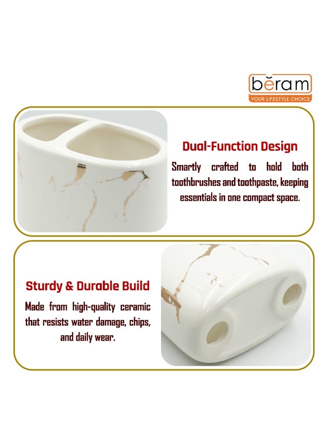 Beram Ceramic Bathroom Accessory Marble Gold and White Round Tip toothbrush holder(2 in 1 Holder) Luxury Marble Look Glossy ceramic with elegant premium touch. (2 in 1 Holder) - Image 4