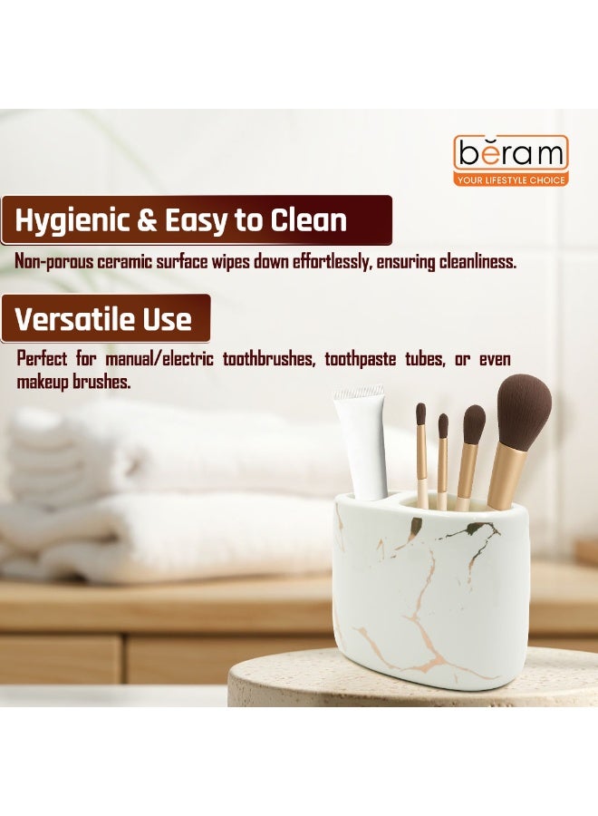 Beram Ceramic Bathroom Accessory Marble Gold and White Round Tip toothbrush holder(2 in 1 Holder) Luxury Marble Look Glossy ceramic with elegant premium touch. (2 in 1 Holder) - Image 5