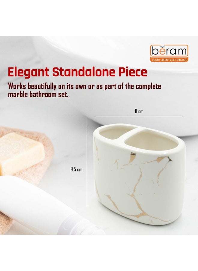 Beram Ceramic Bathroom Accessory Marble Gold and White Round Tip toothbrush holder(2 in 1 Holder) Luxury Marble Look Glossy ceramic with elegant premium touch. (2 in 1 Holder) - Image 3