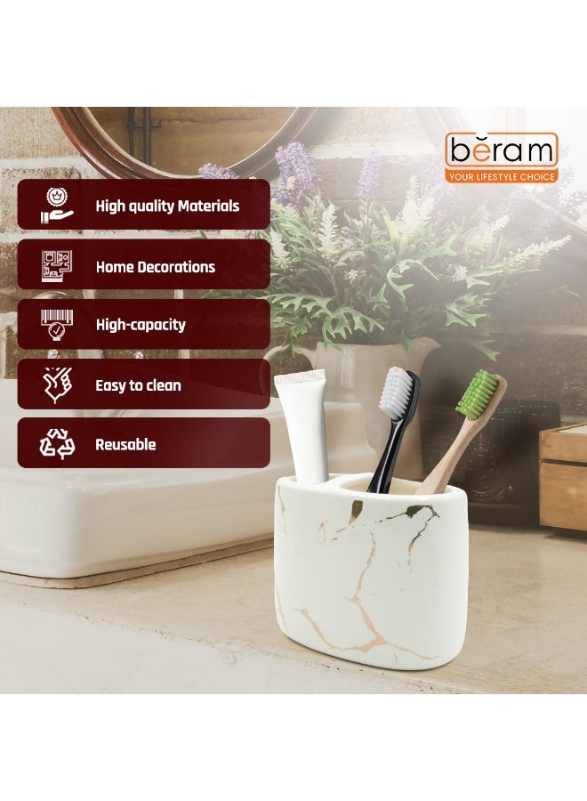 Beram Ceramic Bathroom Accessory Marble Gold and White Round Tip toothbrush holder(2 in 1 Holder) Luxury Marble Look Glossy ceramic with elegant premium touch. (2 in 1 Holder) - Image 2