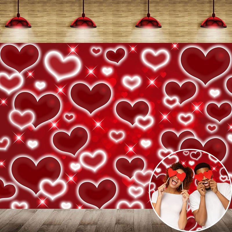 CINRAY Red Heart Photo Backdrop 8x6FT Valentines Decorations Early 2000s Background for Photography 90s Women Happy Birthday Banner Old School Valentines Selfile Wall Decor - Image 1