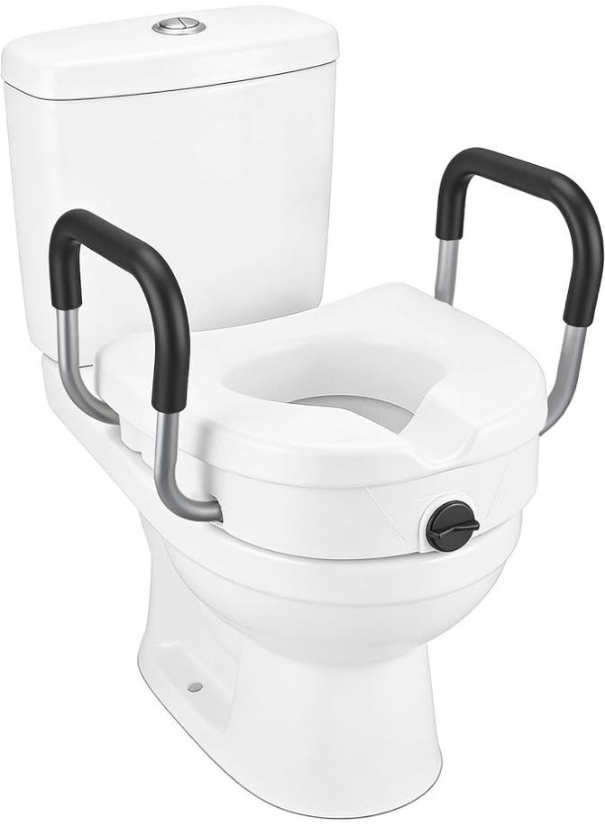 Raised toilet seat with handles, 4.7 inches high, with lid and aluminum handles covered in polyurethane, adjustable width. - Image 1