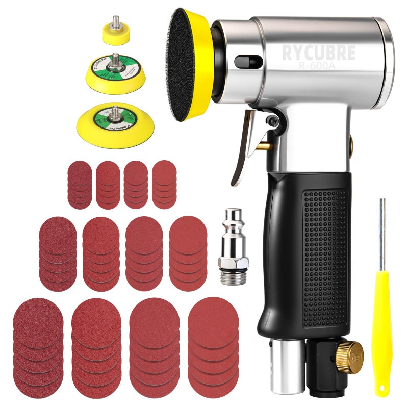 RYCUBRE 3 Inch Orbital Sander  Air Sander With 1/2/3 Inch Sanding Pads - 60Pcs Sandpapers Included  Mini Da Sander For Woodworking  Car Polishing  Diy Projects (1/4 Inch Air Inlet) - Image 1