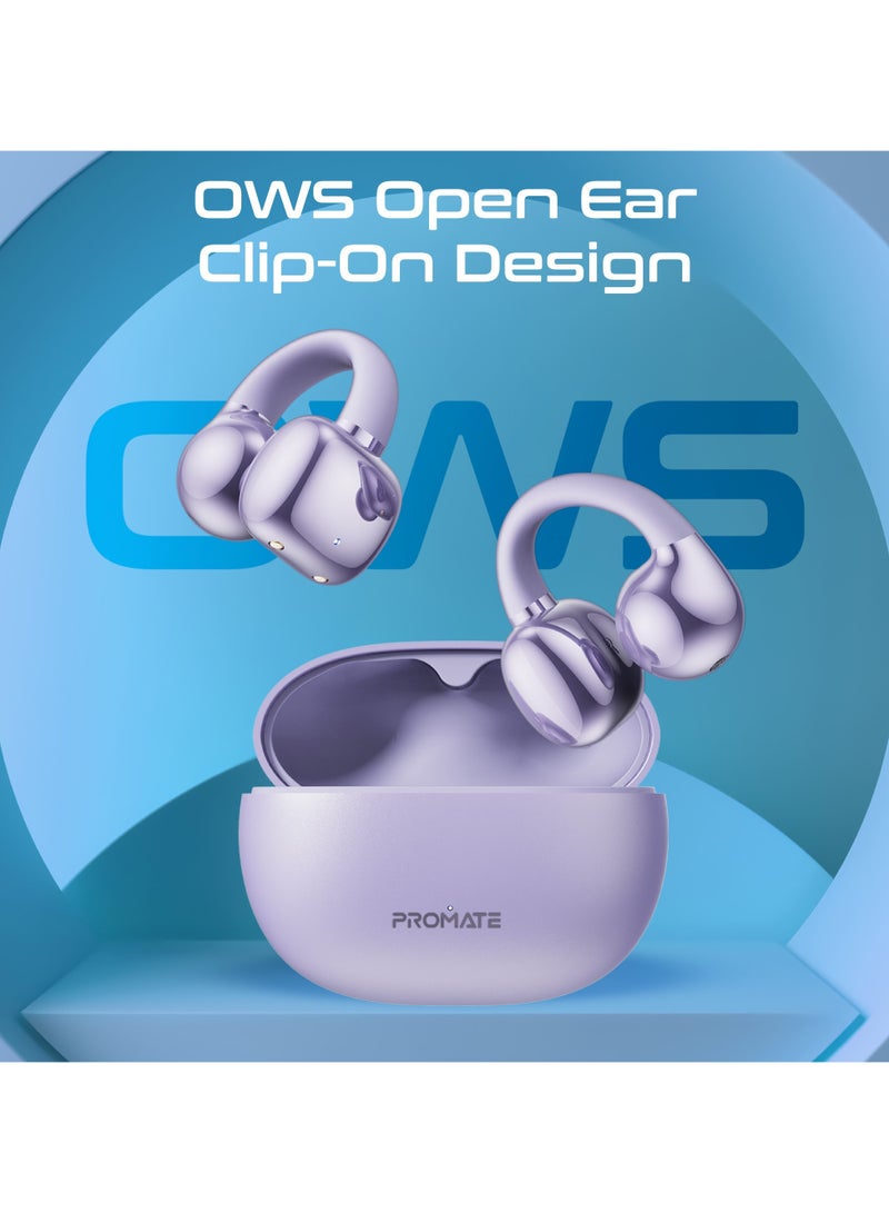 بروميت Promate True Wireless Earbuds with OWS Technology, Touch Control, Ergonomic Open-Ear Clip Design, 28-Hour Playtime, 500mAh Charging Case, IPX4 Water-Resistance Purple - Image 2