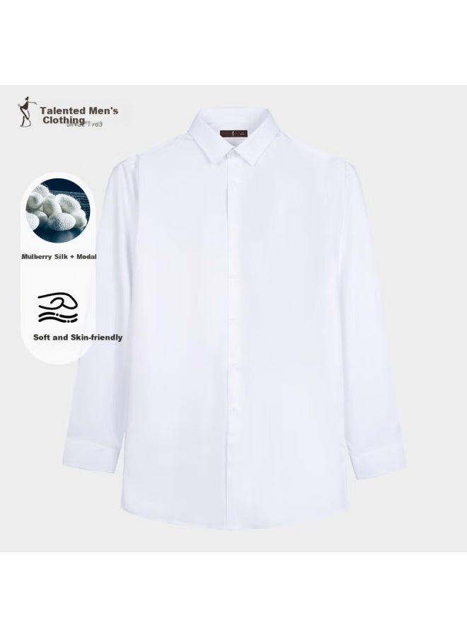 Tries Men's Long-sleeve Shirt, Modal Silk Business Solid Color Embroidered Professional White Shirt, Oriental Minimalist Luxury Style - Image 1