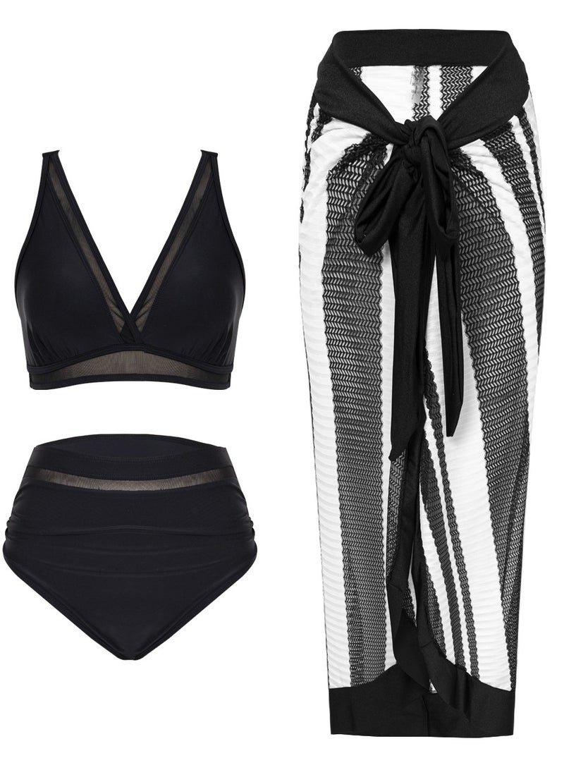Women's Bikini Sets Three Piece Bathing Suits V-Neck Halter Padded Bikini Swimsuits Thong Bottom Beach Cover Up Swimwear Black 