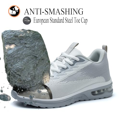 LANSNBO Steel Toe Shoes for Women Lightweight Breathable Safety Work Sneakers Non Slip Puncture Proof Utility Slip On Footwear for Industrial Construction（Hui Bai 38 - Image 2