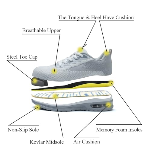LANSNBO Steel Toe Shoes for Women Lightweight Breathable Safety Work Sneakers Non Slip Puncture Proof Utility Slip On Footwear for Industrial Construction（Hui Bai 38 - Image 5