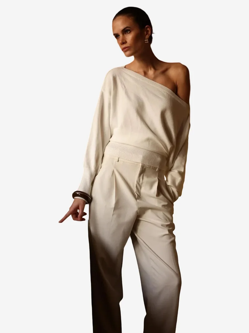 Mixray White Mixray Ribbed Boat Neck Sweater for Women | Best Price UAE
