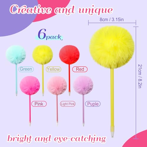 SBYURE Pom Pom Ballpoint Pen 6 Pack Fluffy Pen Cute Pens Fuzzy Pens for Office,Black Ink,Pink,Purple,Yellow,Green,Red, Light Pink - Image 2