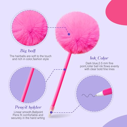 SBYURE Pom Pom Ballpoint Pen 6 Pack Fluffy Pen Cute Pens Fuzzy Pens for Office,Black Ink,Pink,Purple,Yellow,Green,Red, Light Pink - Image 3