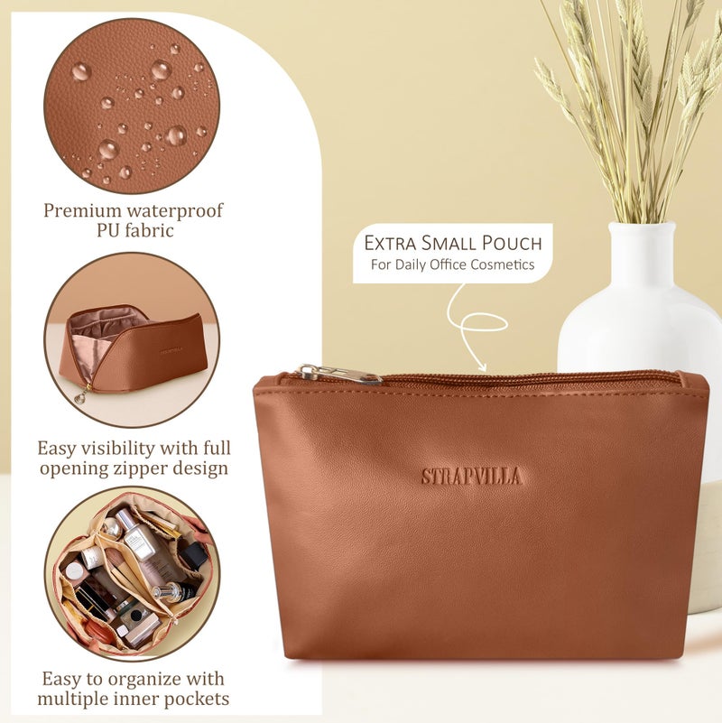 STRAPVILLA Makeup Organizer Bag for Women – Large Waterproof Makeup Pouch Bag with Wide Opening – Travel Pouches for Women, Cosmetic Organizer Bag, Makeup Kit Bag for Travel & Daily Use - Tan - Image 2
