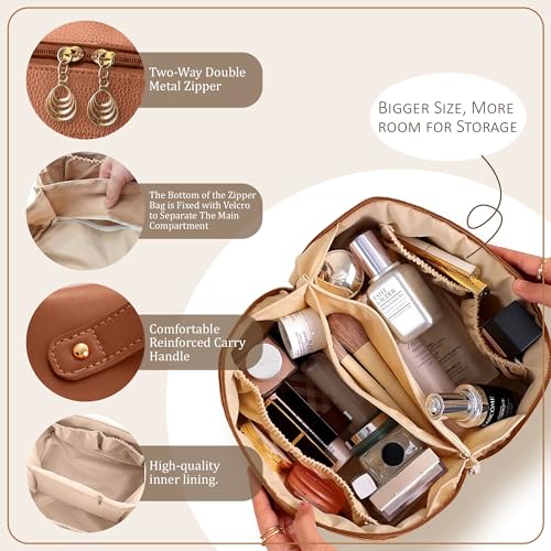 STRAPVILLA Makeup Organizer Bag for Women – Large Waterproof Makeup Pouch Bag with Wide Opening – Travel Pouches for Women, Cosmetic Organizer Bag, Makeup Kit Bag for Travel & Daily Use - Tan - Image 3