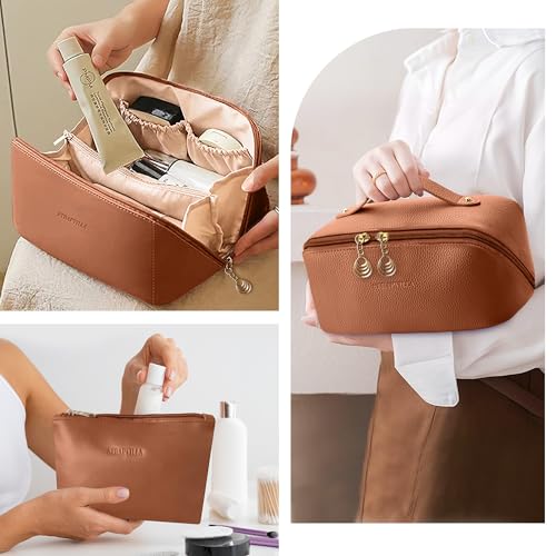 STRAPVILLA Makeup Organizer Bag for Women – Large Waterproof Makeup Pouch Bag with Wide Opening – Travel Pouches for Women, Cosmetic Organizer Bag, Makeup Kit Bag for Travel & Daily Use - Tan - Image 5