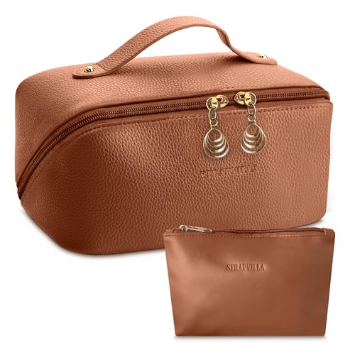 STRAPVILLA Makeup Organizer Bag for Women – Large Waterproof Makeup Pouch Bag with Wide Opening – Travel Pouches for Women, Cosmetic Organizer Bag, Makeup Kit Bag for Travel & Daily Use - Tan - Image 1
