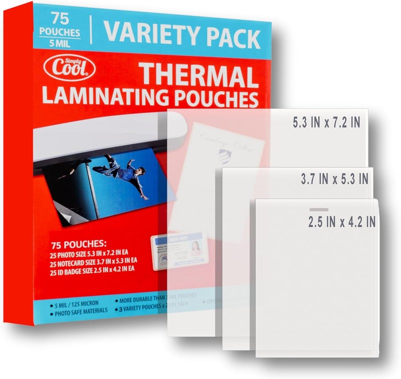 Simply Cool 5MIL Thermal Laminating Sheets (75 Count) Photo, Notecard, I.D. Badge Sizes, Dry-Erase Friendly Laminating Pouches, Compatible with Laminators, Crystal Clear Laminated Finish - Image 1