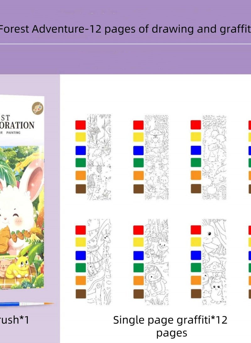 12 Page Forest Adventure Coloring Book for Kids, Watercolor Coloring Book with Brushes and Paints Kids Party Favor (Ages 3+) - Image 1