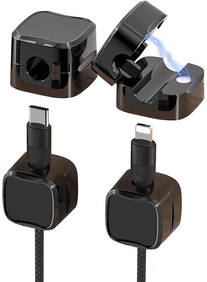 إيروريكس مجموعة من 4 مشابك كابل مغناطيسية لطاولة جانبية ومشبك كابل الهاتف المحمول ومنظم كابلات ذاتي اللصق للمكتب المنزلي وكابل شحن الهاتف المحمول وكابل شحن السيارة وتنظيمه للاستخدام باللون الأسود - Image 1