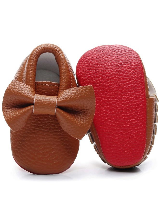 Bebila Double Bow Fringe Baby Moccasins - Soft Sole Baby Shoes Girls Toddler Crib Flats, Brown, 0-3 Months Toddler - Image 1