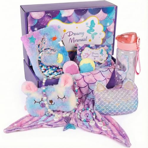 ELSEULAR Mermaid Gifts for Girls 410 Year Old 8Pc Gift Box with Mermaid Tail Blanket Jewelry Kids Purse water bottle Notebook Birthday Toys for 46 810 Year Old Girl Safe NonToxic Stationery Set - Image 1