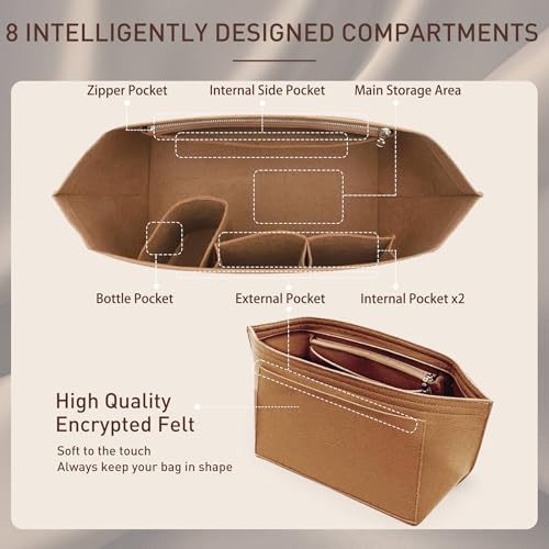 Doxo Purse Organizer Insert Compatible with Longchamp Le Pliage Large and More, Bag Organizer Insert with Cup Holder, 8 Compartments(Gold Brown,L) - Image 4
