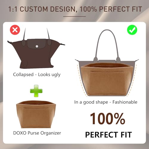 Doxo Purse Organizer Insert Compatible with Longchamp Le Pliage Large and More, Bag Organizer Insert with Cup Holder, 8 Compartments(Gold Brown,L) - Image 3