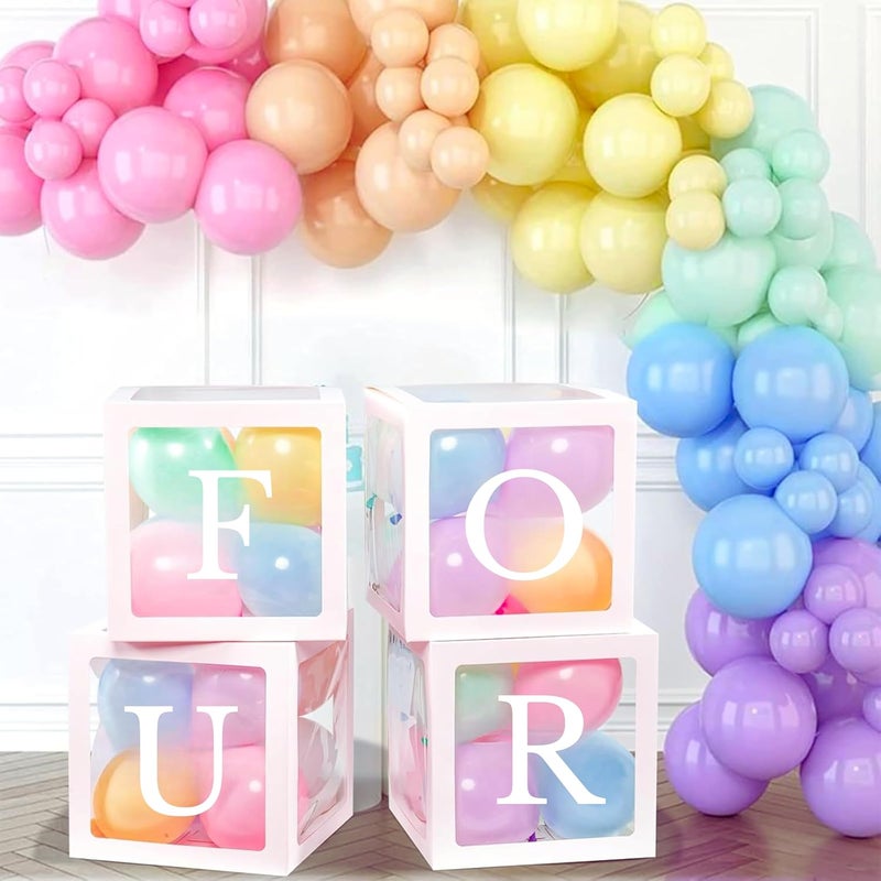FOUR Balloon Box Set Stylish Lettered Decor for Fourth Birthday fourth Aniversary Celebration FOUR Birthday Box 33 pcs set Pastel Rainbow