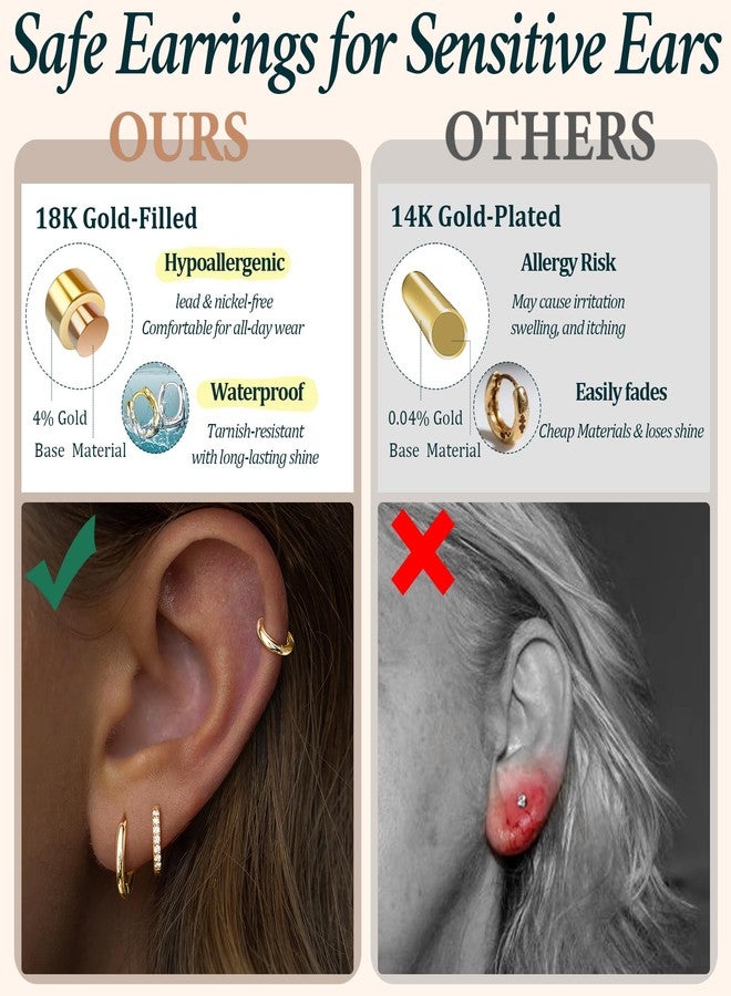 Poxtex طقم أقراط بوكستكس الصغيرة من الفضة الإسترليني للنساء، أقراط غضروفية مطلية بالذهب عيار 14 قيراطًا مناسبة لثقوب متعددة، مجوهرات عصرية مضادة للحساسية، هدية أنيقة من الزركون المكعب - Image 3