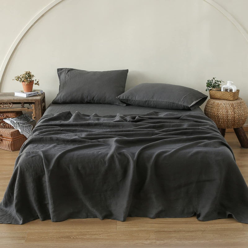 Simple&Opulence 100% Pure Linen Sheet Set King Size, Natural French Flax Solid Color 4 Pcs Washed Breathable, Farmhouse Bedding (1 Flat Sheet,1 Fitted Sheet,2 Pillowcases)-Embroidery Dark Grey - Image 1
