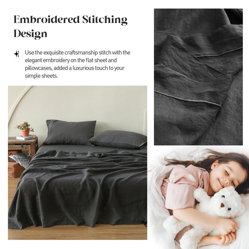 Simple&Opulence 100% Pure Linen Sheet Set King Size, Natural French Flax Solid Color 4 Pcs Washed Breathable, Farmhouse Bedding (1 Flat Sheet,1 Fitted Sheet,2 Pillowcases)-Embroidery Dark Grey - Image 5