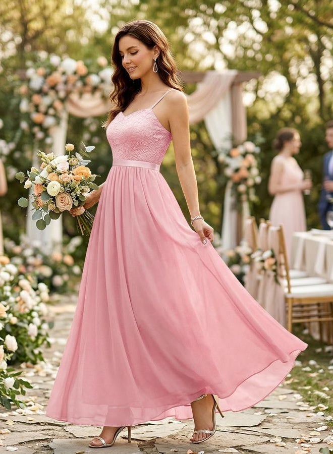 DRESSTELLS Lace Formal Fall Dress for Women Mother of The Bride Wedding Guest Dresses Spaghetti Strap Long Bridesmaid Dresses Evening Gowns Dusty Pink L, Dusty Pink, L - Image 2