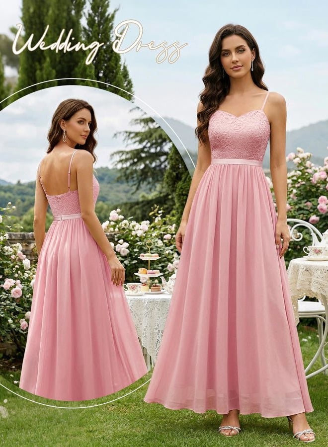 DRESSTELLS Lace Formal Fall Dress for Women Mother of The Bride Wedding Guest Dresses Spaghetti Strap Long Bridesmaid Dresses Evening Gowns Dusty Pink L, Dusty Pink, L - Image 4